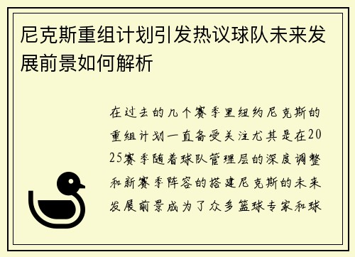 尼克斯重组计划引发热议球队未来发展前景如何解析