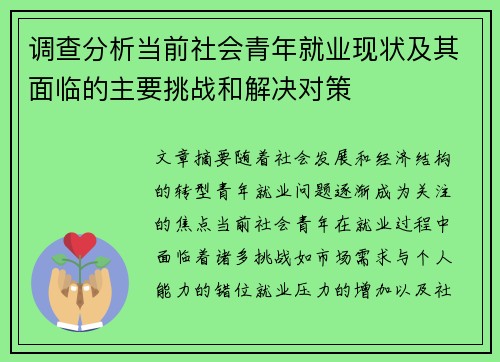调查分析当前社会青年就业现状及其面临的主要挑战和解决对策