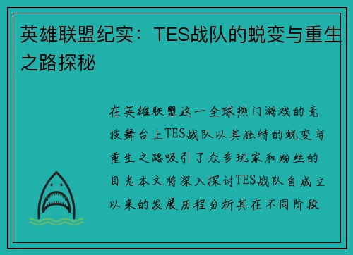英雄联盟纪实：TES战队的蜕变与重生之路探秘